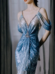 Modest Mermaid V Neck Ombre Blue Sequins With Pleated Prom Dresses Inspiration Long Party Evening Dress 19th Birthday Outfits AB2278