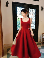 Elegant A Line Square Neck Satin Red Ankle Length Prom Dresses 17th Nigh Party Birthday Outfits AB2443