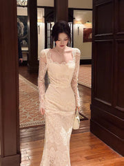 Sexy Mermaid Square Neck Lace White Long Sleeves Ankle Length Prom Dresses Wedding Guest Dress 22th Birthday Outfits AB2491