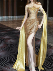 Modest Mermaid Strapless Gold Long Sleeves Slit Sequins Prom Dresses Inspiration Long Party Evening Dress 21st Birthday Outfits AB2287