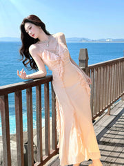 Simple Spaghetti Straps Coral Pink Mermaid Prom Dresses Long Birthday Outfits AB2411