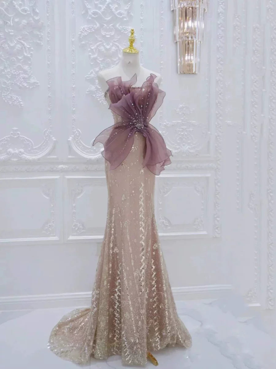 Modest Mermaid Champagne Strapless With Pleated Prom Dresses Inspiration Long Party Night Evening Dress 19th Birthday Outfits AB2269