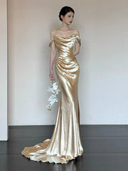 Unique Mermaid Off The Shoulder Gold Long Sleeves Prom Dresses Inspiration Party Night Gowns 20th Birthday Outfits AB2254