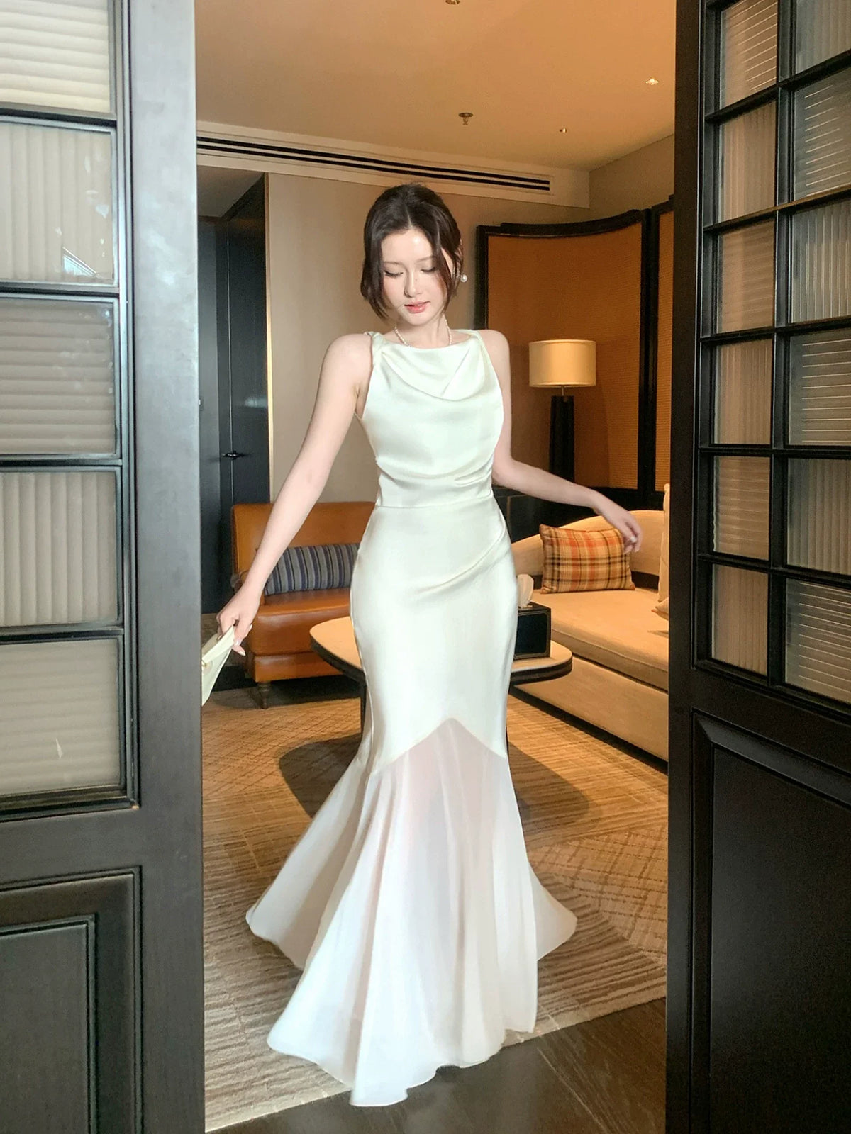 Elegant Mermaid Cowl Neck Satin Ankle Length Satin Prom Dresses Long 16th Nigh Party Birthday Outfits AB2414