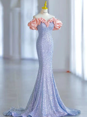 Elegant Mermaid Off The Shoulder Blue Sequins Prom Dresses Inspiration Long Party Evening Dress 19th Birthday Outfits AB2299