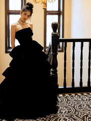 Princess Ball Gown Strapless Black Velvet With Gloves Prom Dresses Inspiration Long Party Night Gowns 18th Birthday Outfits AB2232