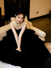 Princess Ball Gown Strapless Black Velvet With Gloves Prom Dresses Inspiration Long Party Night Gowns 18th Birthday Outfits AB2232