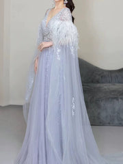 Elegant A Line V Neck Light Sky Blue Tulle Prom Dresses Inspiration Long Party Evening Dress 19th Birthday Outfits AB2300