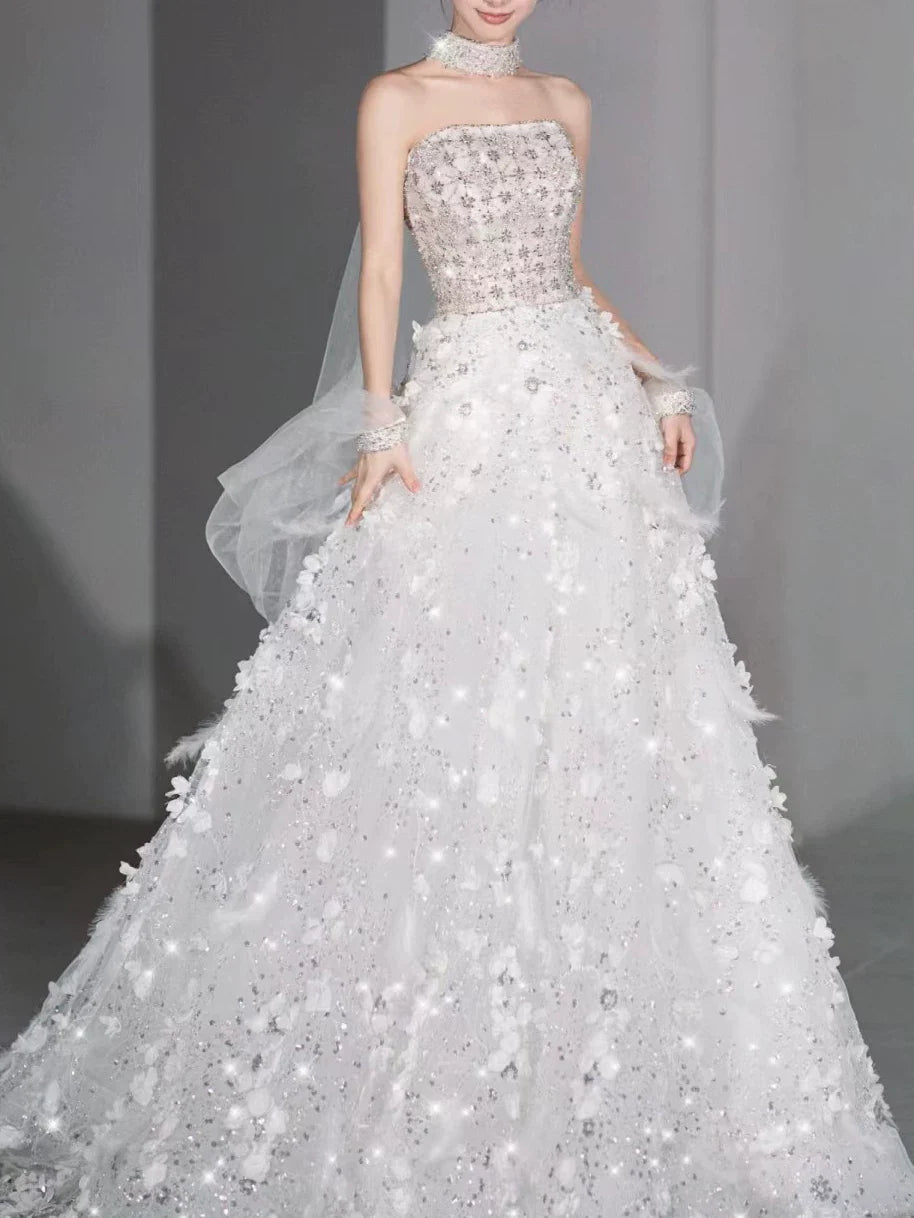 Modest Ball Gown Strapless White Sequins Prom Dresses Inspiration Long Party Evening Dress 21st Birthday Outfits AB2294