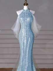 Modest Mermaid High Neck Blue Sequins Prom Dresses Inspiration Long Party Night Evening Dress 19th Birthday Outfits AB2273