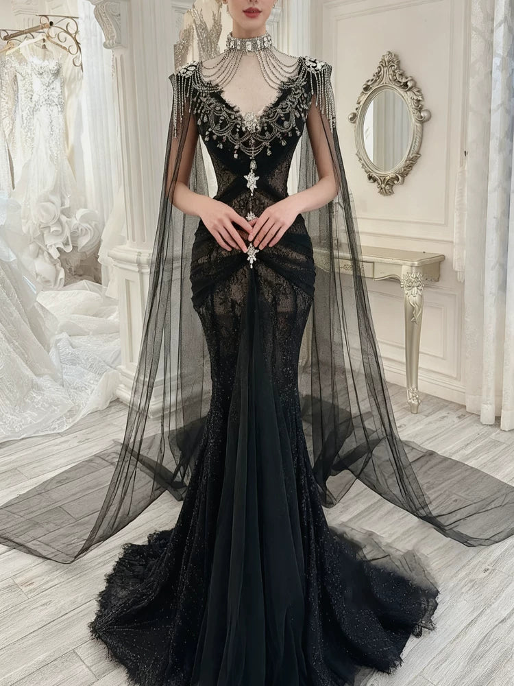 Modest Prom Dresses Aesthetic Mermaid V Neck Black Tulle Inspiration With Long Sleeves Cape Long Party Formal Gown AB2337