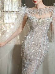Luxurious Mermaid Scoop Evening Dress Sequins Prom Dress With Cape Long Party Dresses 19th Birthday Outfits AB2326