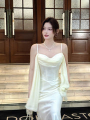 Sexy Mermaid Spaghetti Straps White Satin Ankle Length Prom Dresses Wedding Guest Dress 20th Birthday Outfits AB2477