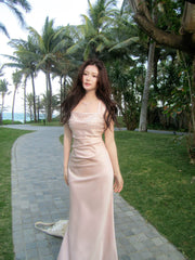 Elegant Mermaid Square Neck Satin Pink Ankle Length Prom Dresses 16th Nigh Party Birthday Outfits AB2421