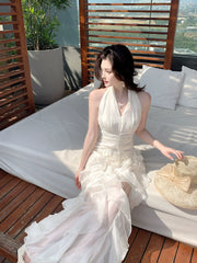 Modest A line Halter White Layered Chiffon Floor Length Prom Dresses 18th Nigh Party Birthday Outfits AB2419