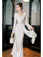 Sexy Mermaid V Neck Long Sleeves Ankle Length Prom Dresses Wedding Guest Dress 22th Birthday Outfits AB2511