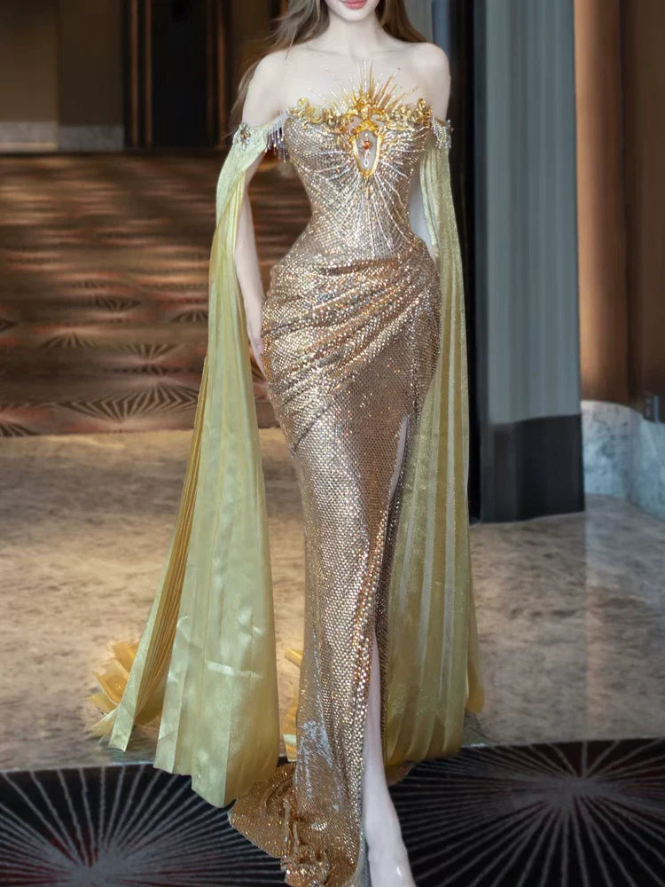 Modest Mermaid Strapless Gold Long Sleeves Slit Sequins Prom Dresses Inspiration Long Party Evening Dress 21st Birthday Outfits AB2287