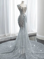 Modest Mermaid Square Neck Sequins With Beaded Silver Gray Prom Dresses Inspiration Long Party Evening Dress 19th Birthday Outfits AB2276