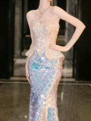 Modest Mermaid Strapless Sequins Champagne Prom Dresses Inspiration Long Party Evening Dress 21st Birthday Outfits AB2291