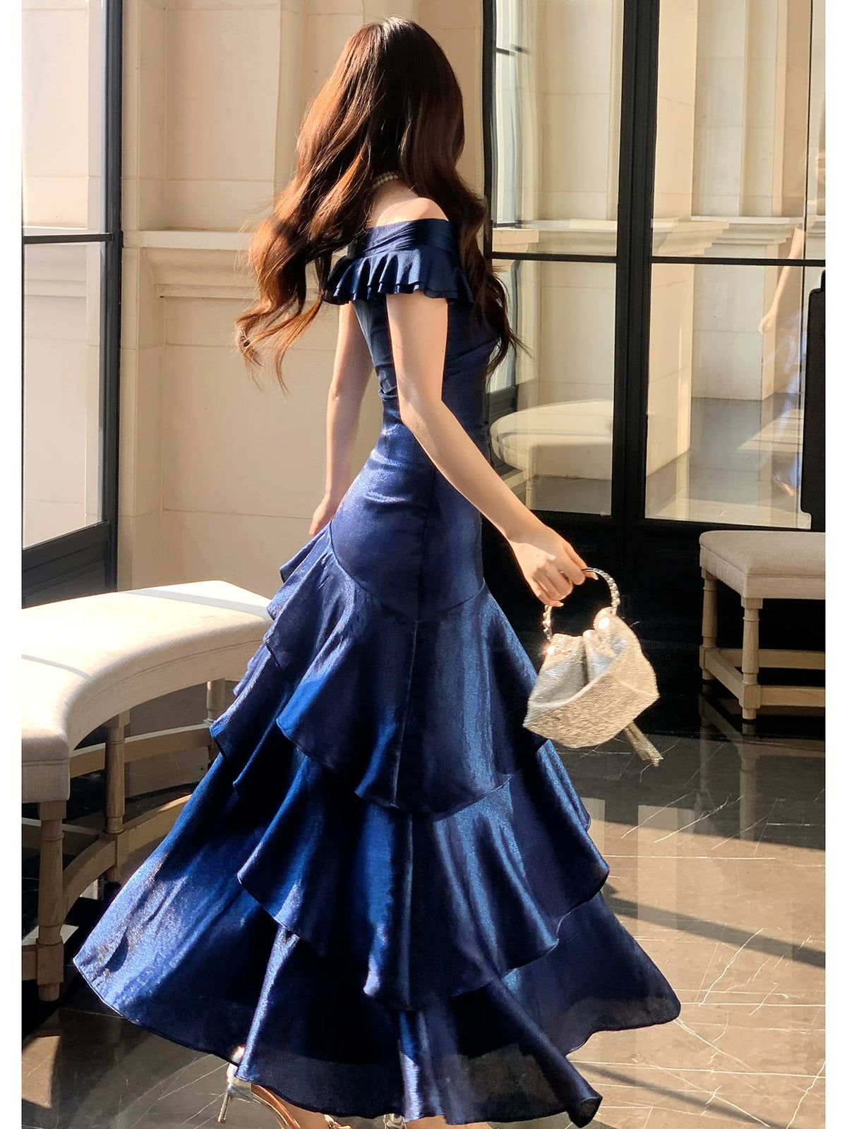 Elegant Mermaid Off The Shoulder Navy Blue Long Prom Dresses 16th Nigh Party Birthday Outfits AB2456