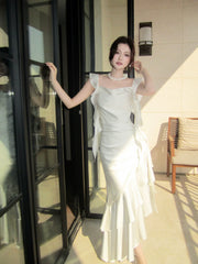 Elegant Mermaid Square Neck White Silky Satin Ankle Length Prom Dresses 16th Nigh Party Birthday Outfits AB2423