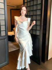 Elegant Mermaid Square Neck White Silky Satin Ankle Length Prom Dresses 16th Nigh Party Birthday Outfits AB2423
