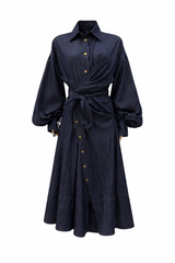 Luzie Waist Tie Denim Maxi Dress - navy