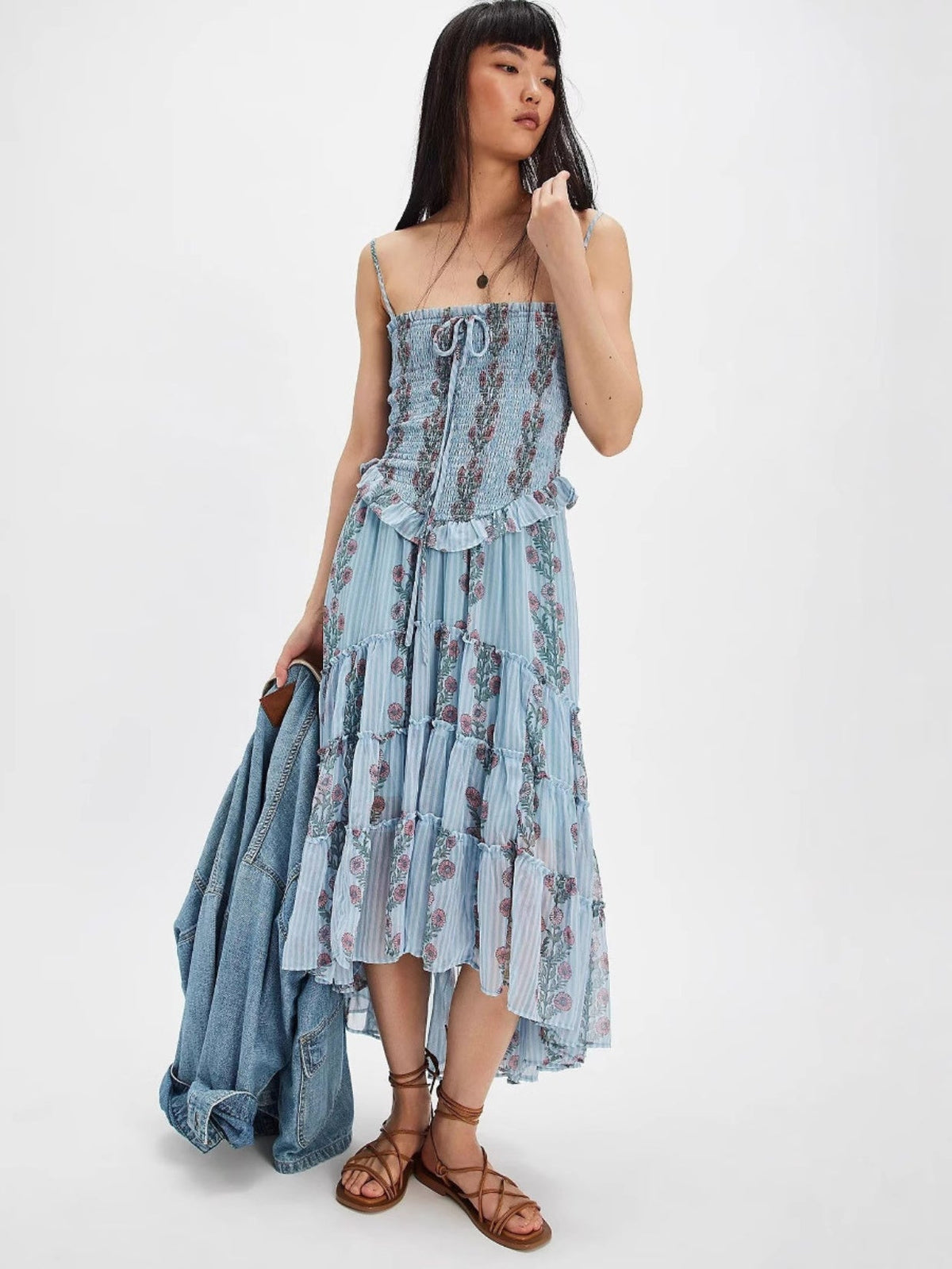 Simonah Floral Printed Tiered Midi Dress - blue
