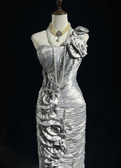 Timeless Prom Dresses Mermaid One Shoulder Silver Satin With Flowers Beading Long Evening Outfits N3200