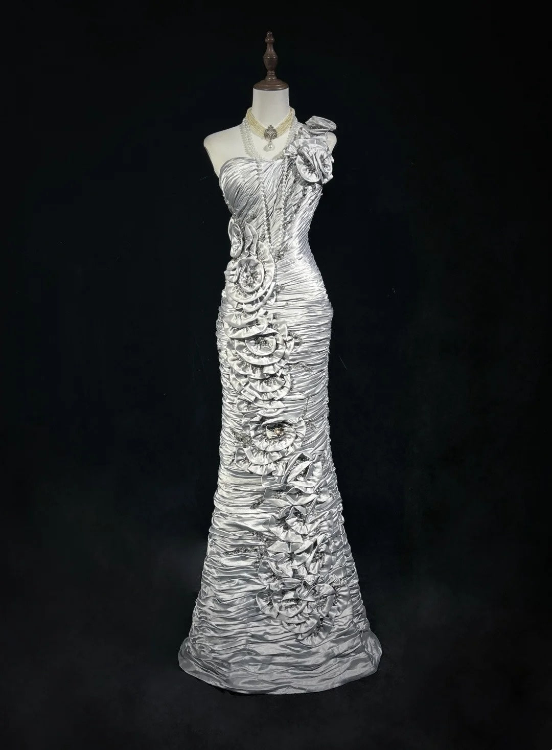 Timeless Prom Dresses Mermaid One Shoulder Silver Satin With Flowers Beading Long Evening Outfits N3200