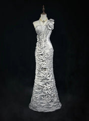 Timeless Prom Dresses Mermaid One Shoulder Silver Satin With Flowers Beading Long Evening Outfits N3200