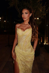 Modest Senior Prom Dresses High Schools Inspiration Mermaid Sweetheart Yellow Lace With Slit Semi Formal Grad Long Prom Dress For Teens AB2109