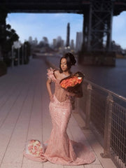 Elegant Dusty Rose Off-The-Shoulder Sweetheart Prom Dresses Mermaid Column Floor Length With Beads N1767