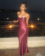 Sexy Mermaid Halter Burgundy With Beaded Inspo Formal Party Gowns Long Prom Dresses AB1745