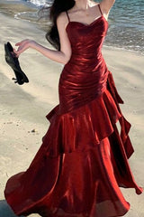 Mermaid Burgundy Spaghetti Straps Satin Ruffle Trim Party Gown Prom Dress Graduation Dresses N1621