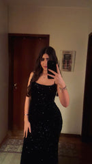 Elegant Sheath Spaghetti Straps Black Sequins Sleeveless Long Prom Dresses 18th Birthday Outfits AB2402