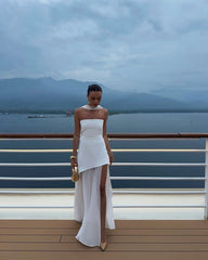 White Strapless Satin Chiffon Split Holiday Summer Prom Dress 18th Birthday Outfits AB2396