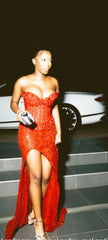 Split Front Mermaid Sweetheart Red Ruffles Prom Dress With Sequins N1761