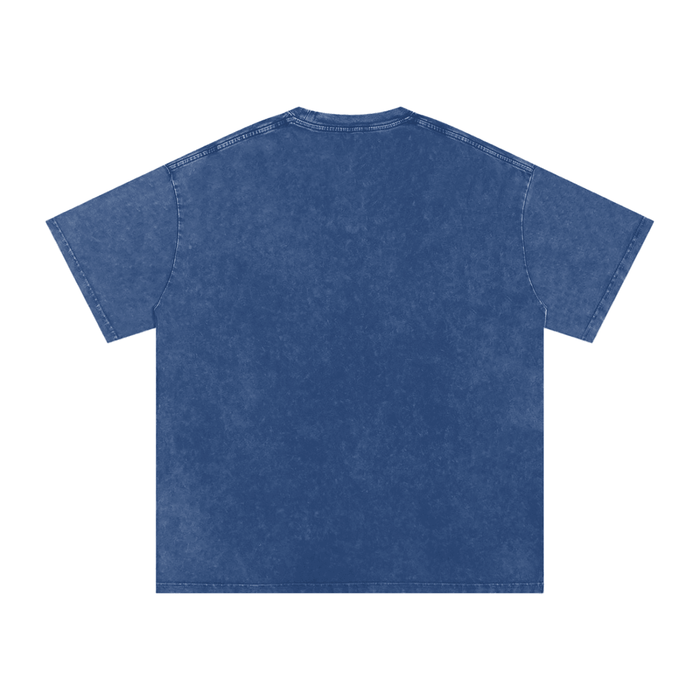 Blue acid wash tee, back view — bold streetwear style for NYC-inspired fashion