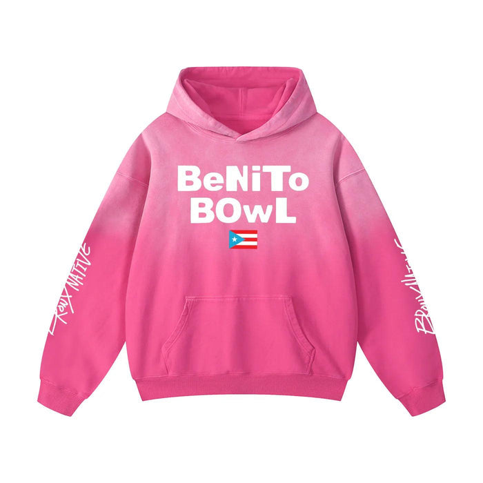 Pink hoodie with 'BeNiTo BOWL' text and Puerto Rican flag, bold streetwear design