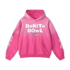 Pink hoodie with 'BeNiTo BOWL' text and Puerto Rican flag, bold streetwear design