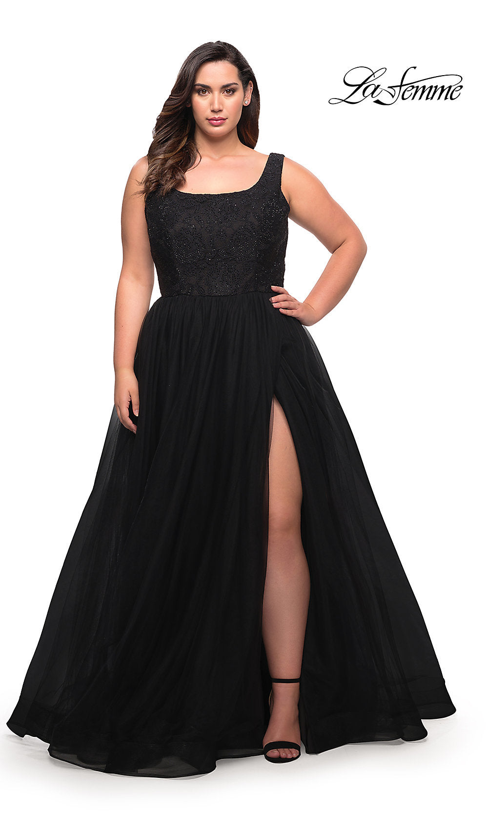 La Femme Long Lace-Bodice Plus-Size Prom Dress
