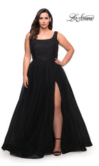 La Femme Long Lace-Bodice Plus-Size Prom Dress