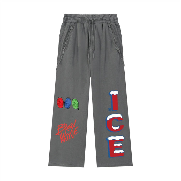 Gray Bronx Native sweatpants with colorful grenade graphics and bold ICE lettering for streetwear style.