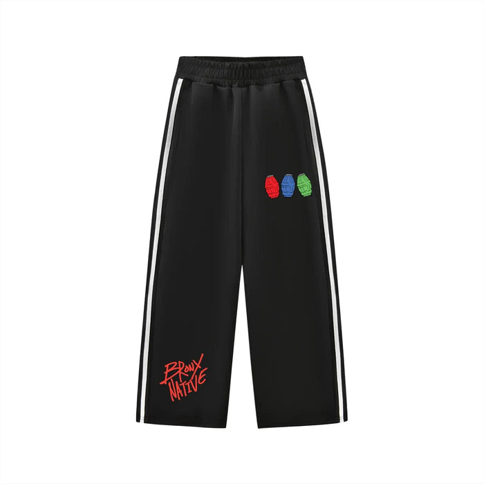 Black Bronx Native sweatpants with side stripes, red logo, and colorful grenade graphics