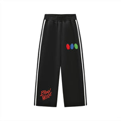 Black Bronx Native sweatpants with side stripes, red logo, and colorful grenade graphics