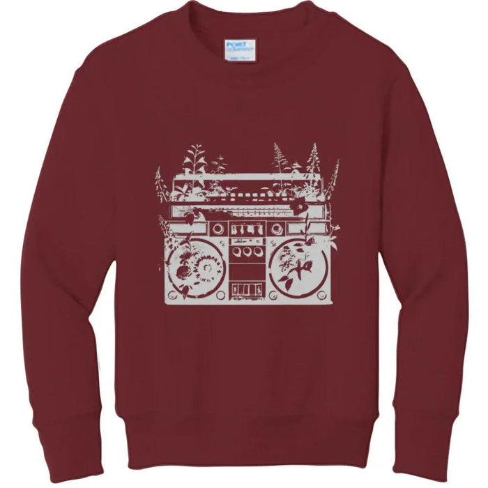 Maroon hoodie with white boombox graphic, floral details, NYC streetwear style