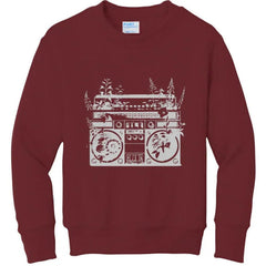 Maroon hoodie with white boombox graphic, floral details, NYC streetwear style