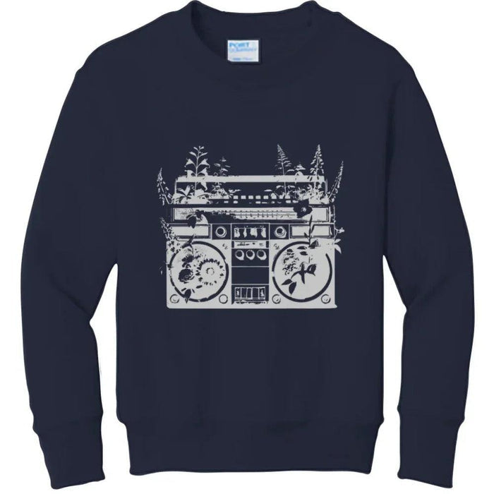 Navy hoodie with white boombox graphic covered in plants, NYC streetwear style
