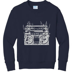 Navy hoodie with white boombox graphic covered in plants, NYC streetwear style